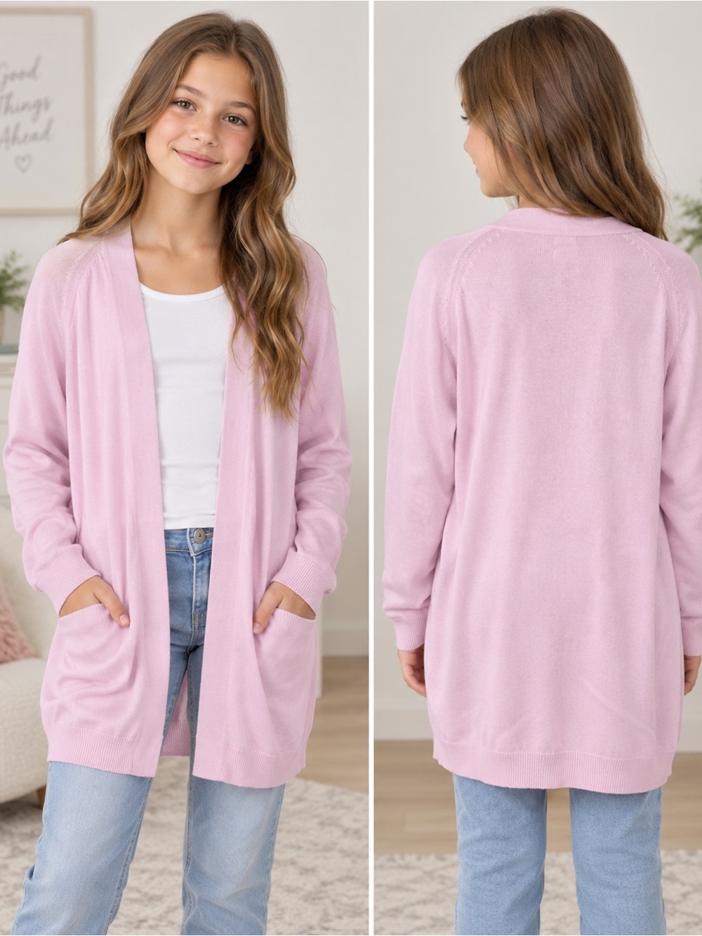 Zara Kids Girls Blush Pink Open Front Longline Cardigan Sweater Size 11-12